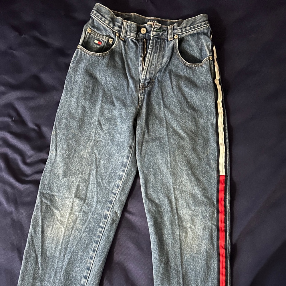 Vintage 90s/Y2K Tommy Hilfiger Boys Size 18 Denim Jeans Red White Blue Side Stri